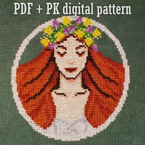 May include: Cross-stitch pattern of a woman with long red hair and a floral crown, enclosed in a white circle. The text "PDF + PK digital pattern" is at the top. The background is a textured green fabric.