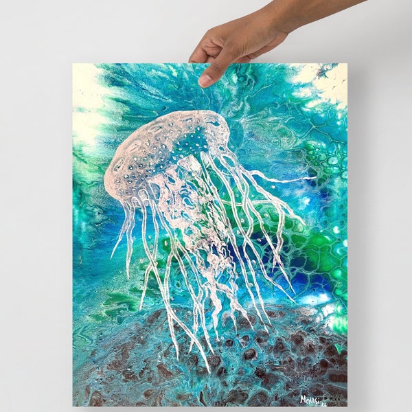 Méduse argentée Art turquoise monde sous-marin Original peinture sur toile Fine Art Print