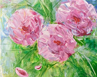 Pintura abstracta de peonía rosa, arte floral empastado sobre lienzo