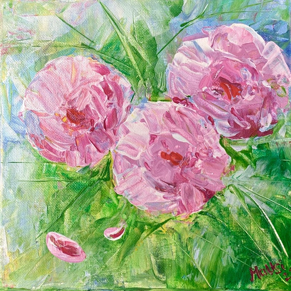 Peinture abstraite de pivoine, pivoine sur toile, pivoine d’art miniature, art original de fleur, art de l’empâtement floral, acrylique de pivoine rose, cadeau de salon