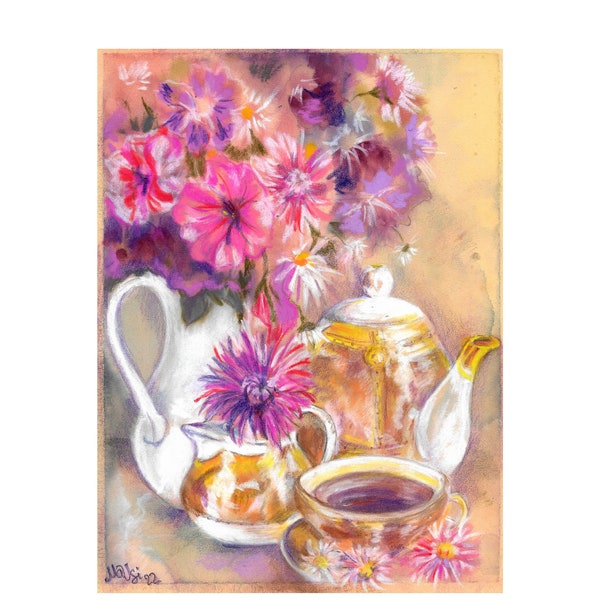 Service à thé nature morte et bouquet de roses dans une cruche, peinture originale aquarelle pastel sur papier pastel mat. Cadeau de Noël