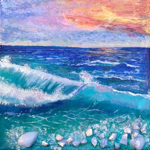 Original seascape canvas art Mediterranean art Landscape rocks Italy sea painting