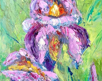 Original Violet Iris Oil Painting, Impasto Floral Canvas Art (8x12'')