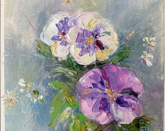 Peinture de fleurs sur toile, peinture de pensées colorées, peinture impressionniste, peinture florale, peinture moderne, art pour le salon