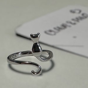 Adjustable silver cat ring for cat lovers, gift for her, thumb ring