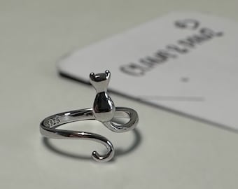 Adjustable silver cat ring for cat lovers, gift for her, thumb ring