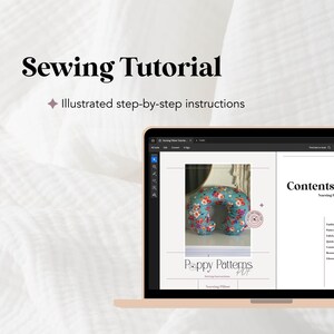 An image of the Sewing Tutorial that pairs with the nursing pillow cover sewing pattern designed by PoppyPatternsPDF, a screen shot of a laptop showing the illustrated step-by-step instructions for the handmade nursing pillow cover pattern.