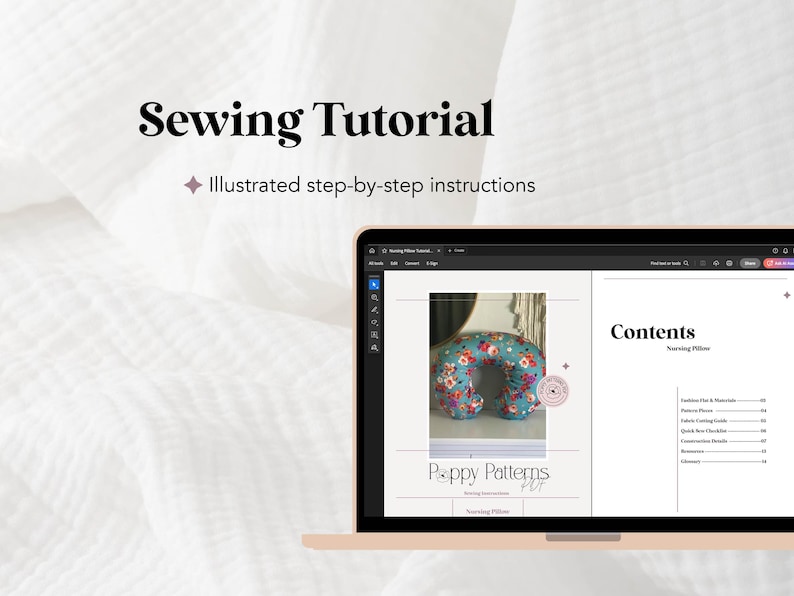 An image of the Sewing Tutorial that pairs with the nursing pillow cover sewing pattern designed by PoppyPatternsPDF, a screen shot of a laptop showing the illustrated step-by-step instructions for the handmade nursing pillow cover pattern.