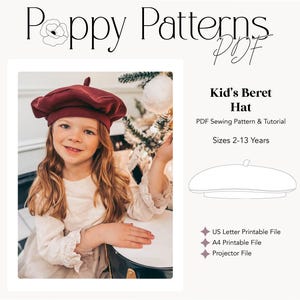 Patron de couture PDF pour béret pour enfant | Format Lettre US | A4 | Fichier projecteur | Modèle numérique | Instructions de couture incluses | Taille 2-13 ans