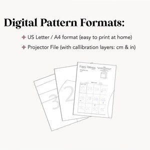 An image of the pattern designed by PoppyPatternsPDF, the digital pattern format that is included with the sewing pattern includes US Letter/ A4 formats (easy to print at home) and a projector file (with calibration layers: cm & in) underneath is a screenshot of the digital sewing pattern for the nursing pillow cover.