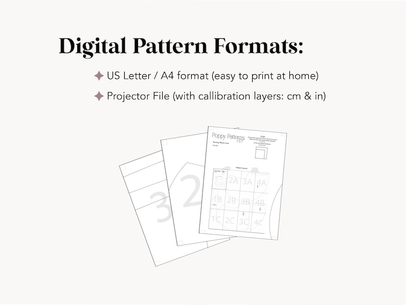 An image of the pattern designed by PoppyPatternsPDF, the digital pattern format that is included with the sewing pattern includes US Letter/ A4 formats (easy to print at home) and a projector file (with calibration layers: cm & in) underneath is a screenshot of the digital sewing pattern for the nursing pillow cover.