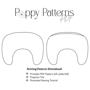 May include: A white graphic featuring the text "Poppy Patterns" and two outline drawings of a sewing pattern. Below, the text "Sewing Pattern Download" and details for a printable PDF pattern, projector file, and illustrated sewing tutorial.