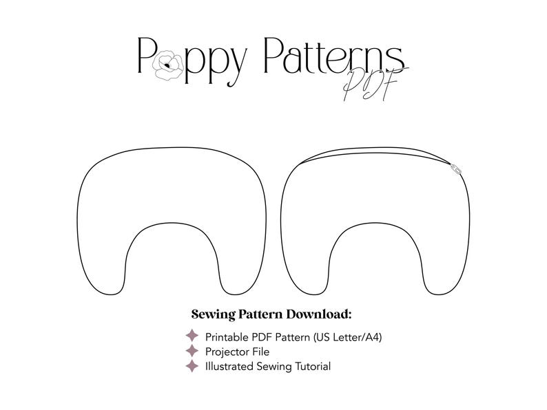 May include: A white graphic featuring the text "Poppy Patterns" and two outline drawings of a sewing pattern. Below, the text "Sewing Pattern Download" and details for a printable PDF pattern, projector file, and illustrated sewing tutorial.