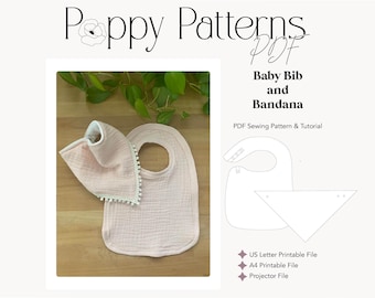 Patrón de costura para babero y pañuelo de bebé (tamaño carta estadounidense, A4, archivo para proyector, descarga en PDF). Tutorial incluido.