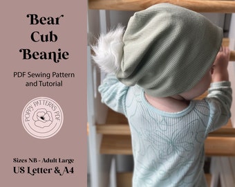 Bear Cub Beanie Sewing PDF Pattern | US Letter Size & A4 Digital Sewing Pattern | Sewing Tutorial | Beginner Friendly | Sizes NB-Adult Large