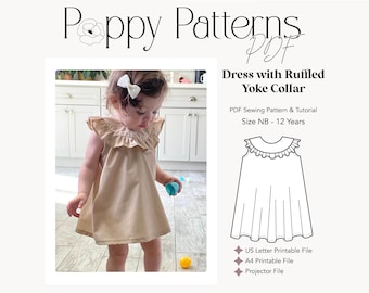 Vestido con cuello de volantes para bebés de 3 meses a 12 años, bebés, niños pequeños, niños. Patrón en PDF / Tamaños: Carta de EE. UU., A4, Archivos para proyector / Patrón de costura digital y tutorial.