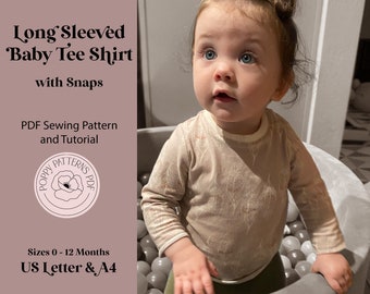 Long Sleeved Baby Tee Shirt with Snaps PDF Sewing Pattern |US Letter Size and A4 | Digital Pattern | With Sewing Instructions | Sizes 0-12M