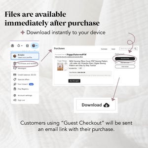 May include: Screenshot illustrating the Etsy purchase process. Text states "Files are available immediately after purchase" and "Download instantly to your device." The image highlights the "Purchases and reviews" section and the "Download File" button.
