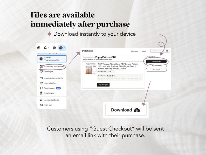 May include: Screenshot illustrating the Etsy purchase process. Text states "Files are available immediately after purchase" and "Download instantly to your device." The image highlights the "Purchases and reviews" section and the "Download File" button.