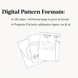 May include: Image showing digital sewing pattern formats. Text reads: Digital Pattern Formats: US Letter / A4 format (easy to print at home) and Projector File (with calibration layers: cm & in). Three white pattern sheets are visible.