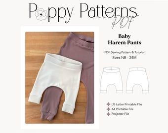 Patrón de costura para pantalones harem de bebé: de recién nacido a 24 meses (patrón en PDF, tamaño carta/A4/archivo para proyector)
