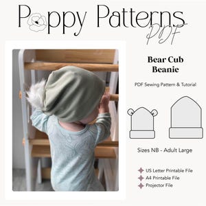 Bear Cub Beanie Sewing PDF Pattern | US Letter | A4 | Projector | Digital Sewing Pattern | Sewing Tutorial | Beginner | Size NB-Adult L