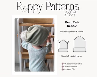 Patrón de costura en PDF para gorro de osito / Tamaño carta estadounidense / A4 / Proyector / Patrón de costura digital / Tutorial de costura / Principiante / Talla NB-Adulto L