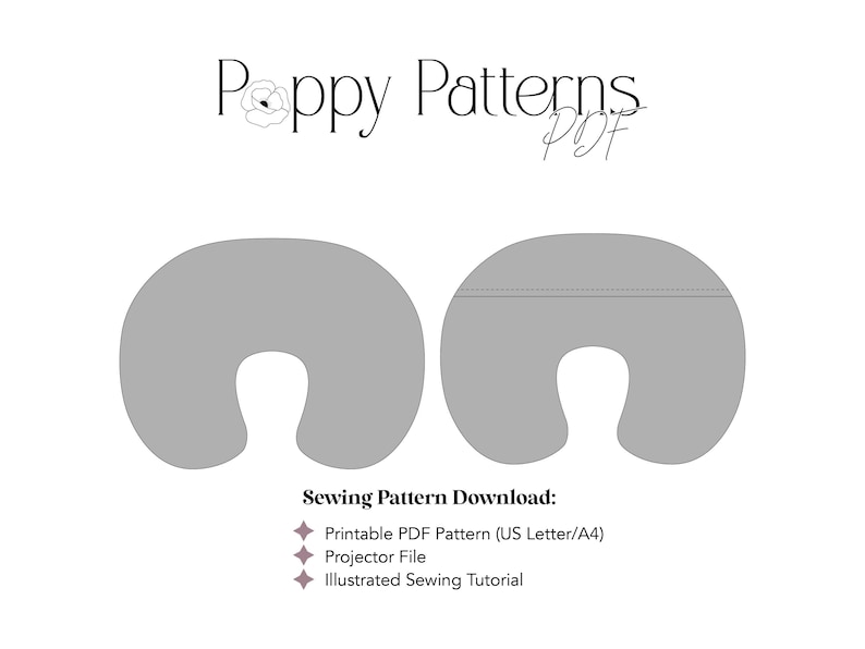 A fashion flat of the Handmade Nursing Pillow Cover designed by PoppyPatternsPDF, Digital Download, Files included are US Letter Printable File, A4 Printable File, a Projector File, and an illustrated sewing tutorial. Beginner friendly sewing project for new moms and makes for a great handmade gift.