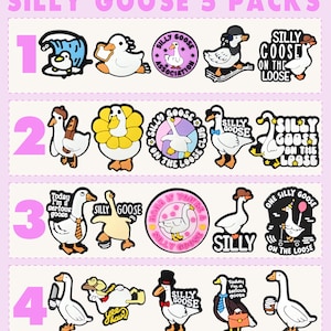 Op de afbeelding: Een verzameling van 20 kleurrijke, grillige ganzenbedels. Elke bedel heeft een uniek ontwerp, waaronder ganzen met hoeden, stropdassen en accessoires, samen met de tekst "SILLY GOOSE" en "ON THE LOOSE".