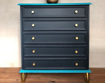 Blaue Vintage Kommode mit Gold Akzenten B-WARE !!