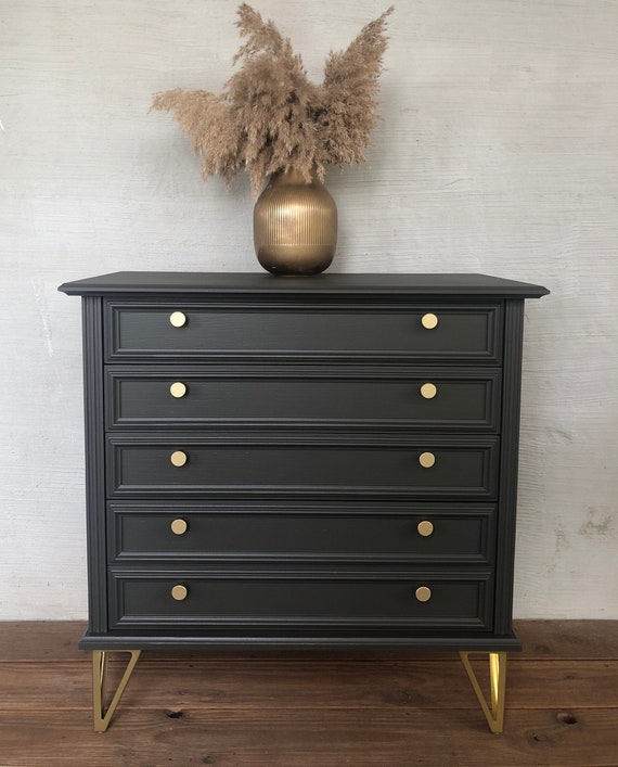 Small Chest of Drawers in Anthracite With Gold Accents | Vintage Chest of Drawers | Unique - Etsy Small Chest of Drawers in Anthracite With Gold Accents | Vintage Chest of Drawers | Unique - Etsy