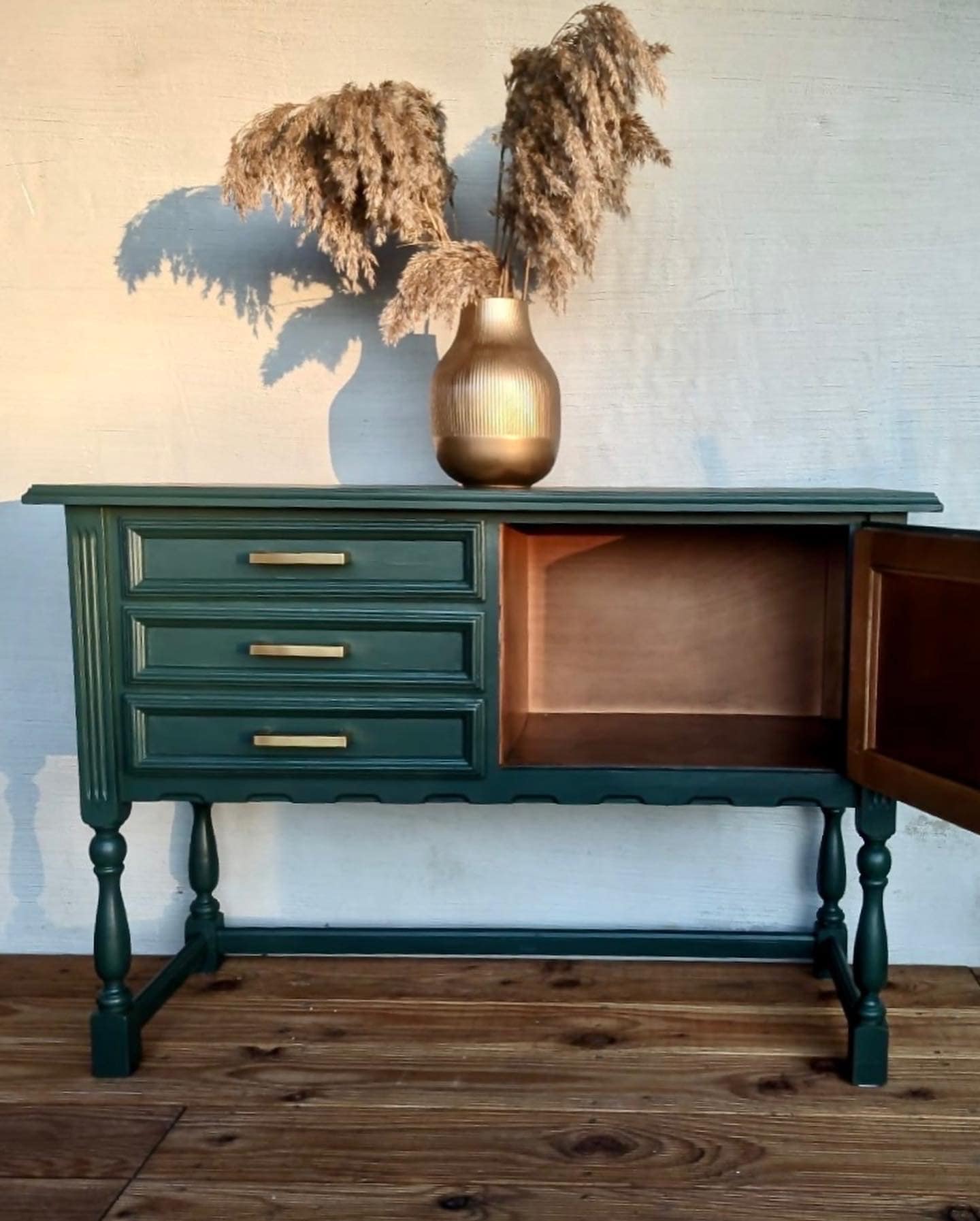 Green Vintage Chest of Drawers | Sideboard | Mid-century | Deer Green | Side Table With Gold Accents