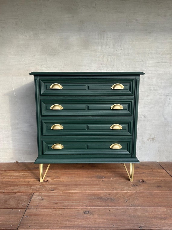 Green Chest of Drawers With Gold Accents Small Chest of Drawers for the  Entrance Area Unique Wooden Chest of Drawers Living Room Furniture Retro -  Etsy
