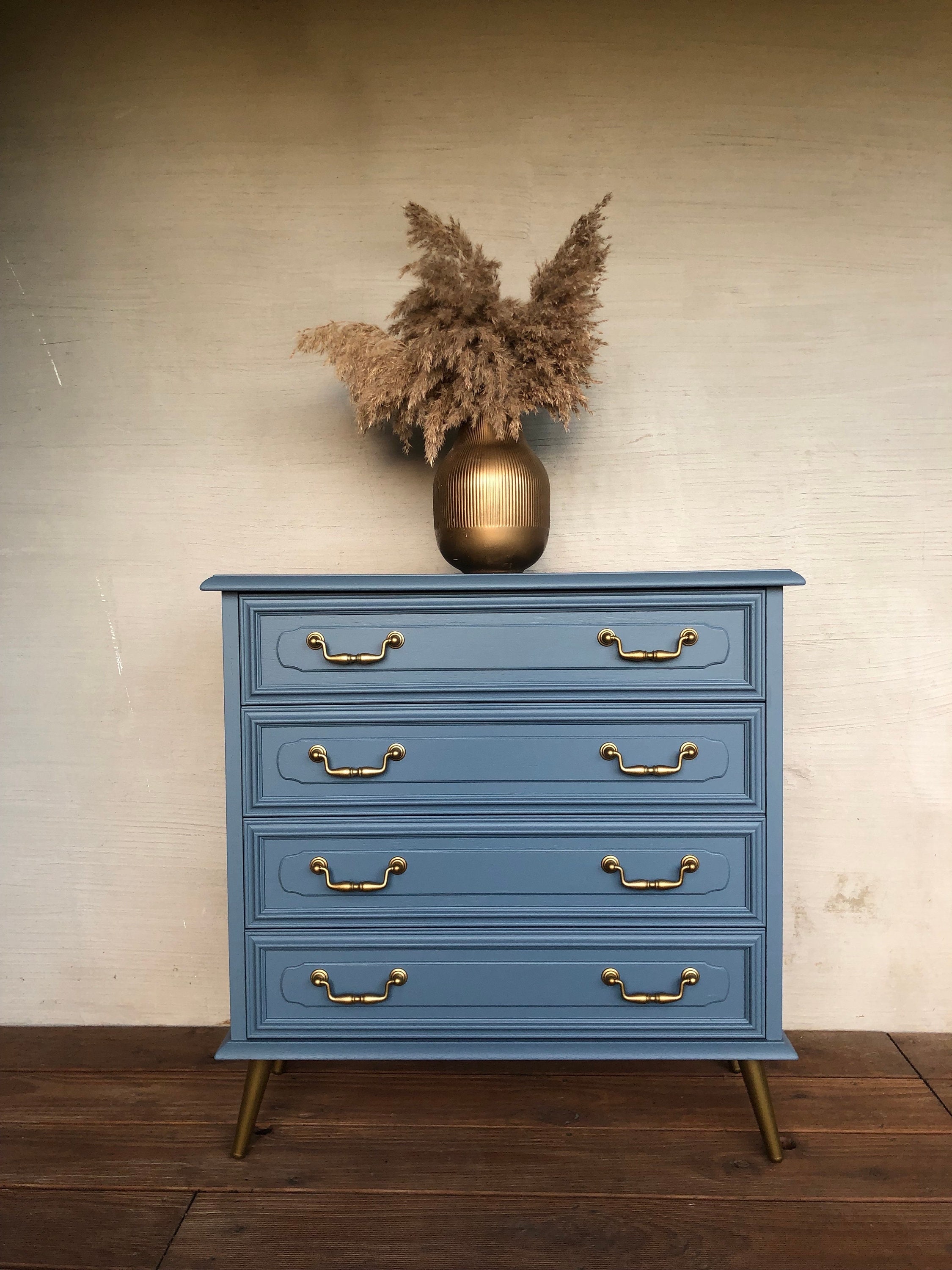Blue Vintage Chest of Drawers With Gold Accents. Dove-blue Vintage-style  Chest of Drawers. Retro-style Elegant Chest of Drawers for the Entryway. -  Etsy