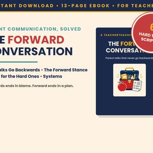 Könnte beinhalten: Ein 13-seitiges E-Book für Lehrer mit dem Titel The Forward Conversation, Parent Communication, Solved. Das Cover zeigt eine rote Lehrertasche, einen Apfel und eine Checkliste. Ein rotes Abzeichen hebt 6 hard talks scripted hervor.