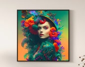 Portrait of Nature Woman,Flower Girl,AI Printable Wall Art,AI Generated Art,Vivid Watercolor,Digital Art Print,Spiritual Mushroom Woman Art