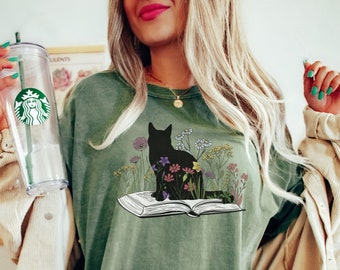 Comfort Colors Book Cat Shirt,Cat Book T-shirt,Floral Book Art Tee,Cat Lover shirt,Reader Bookish tshirt,Gift For Book Lover,Cat Lover Gift