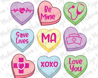 Puede incluir: Nueve corazones de caramelo en forma de corazón con diferentes mensajes y diseños. Los corazones son de diferentes colores, incluyendo rosa, morado, verde, azul y amarillo. Los mensajes incluyen "Be Mine", "Save Lives", "MA", "XOXO", "Love You", y otros.