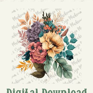 May include: Digital download of a floral bouquet featuring a yellow, pink, and purple flower arrangement. The background is white with the text "Mushroom and Sage Express Yourself" repeated in a circular pattern.