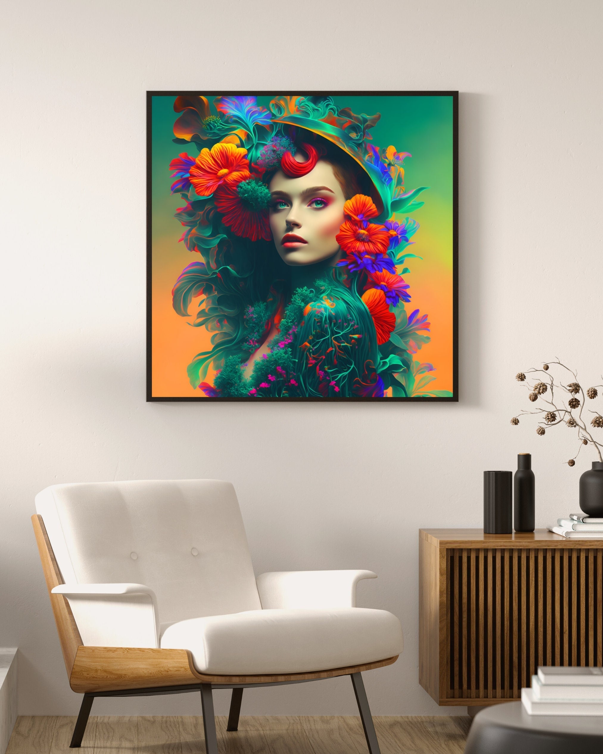 Portrait of Nature Woman,Flower Girl,AI Printable Wall Art,AI Generated Art,Vivid Watercolor,Digital Art Print,Spiritual Mushroom Woman Art