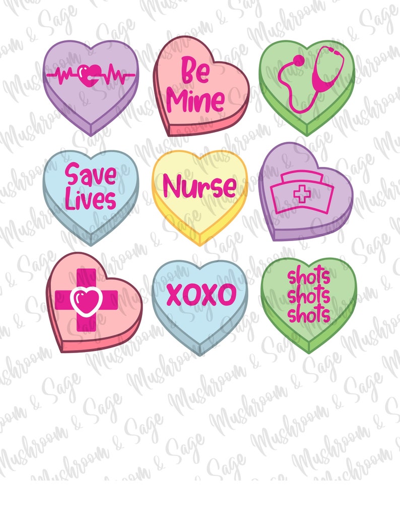 Puede incluir: Nueve corazones de caramelo de conversaci&oacute;n en forma de coraz&oacute;n de colores diferentes con mensajes diferentes. Los mensajes son: "Be Mine", "Save Lives", "Nurse", "XOXO", "Shots Shots Shots", "I Love You", "Be Mine", "Nurse" y "Shots Shots Shots".