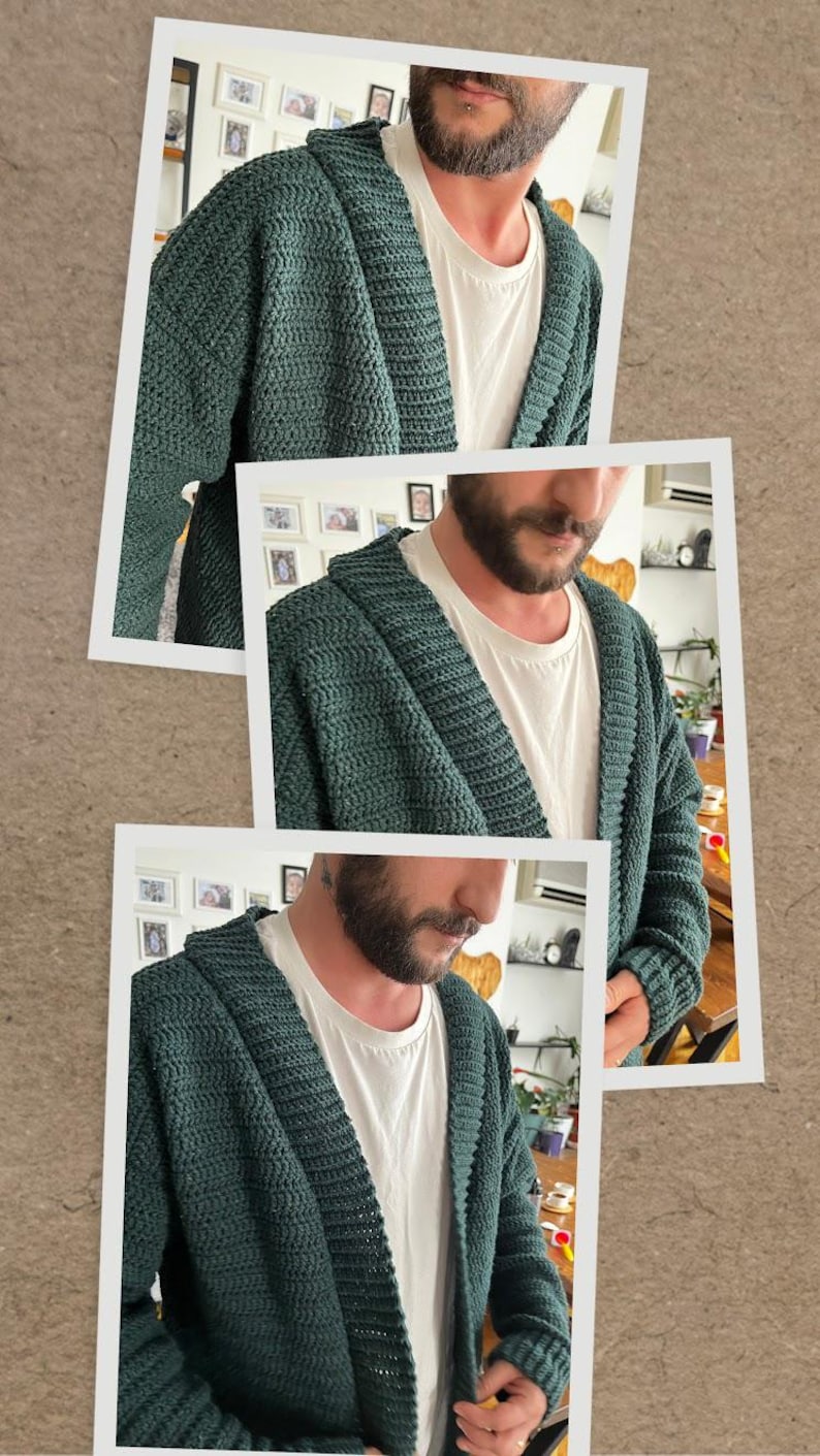 May include: A dark green hooded cardigan with a knitted texture. The cardigan is open in the front and has a relaxed fit.