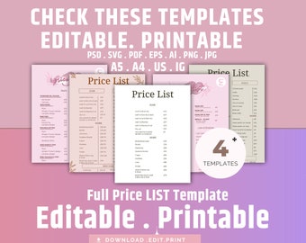 Editable Price List Template, Printable Price Sheet, Small Business Price List, Salon Price List, Modern Price List, Beauty Price List, DIY