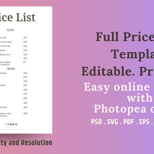 Editable Price List Template Printable Price Sheet Small - Etsy UK