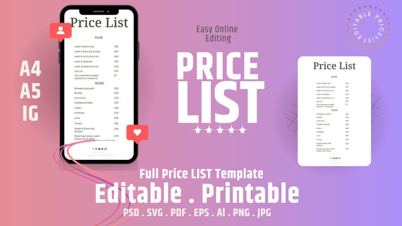 Editable Price List Template Printable Price Sheet Small - Etsy UK