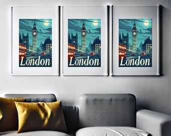 Retro London Travel Poster | Vintage City Art | Colourful Travel Print | Europe Prints | Digital Download PRINTABLE Retro Wall Art