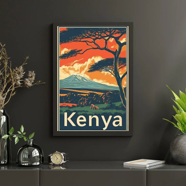 Kenia reisposter | Retro Kenia reisprint | Kunst aan de muur Kenia | Retro reisposter | Digitale afdruk