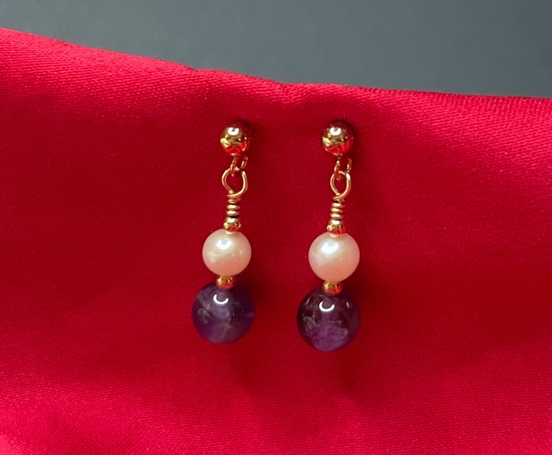 Gold Earrings Laminated 14k Trend Freshwater Pearls & Amethyst Etsy