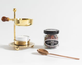 INCENSE SET &quot;Hotplate&quot;, incense warmer SET made of brass with wooden handle, height adjustable, incense, incense spoon, candle, incense mixture