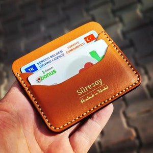 Gegraveerde slanke portemonnee / volnerf lederen kaarthouder / gepersonaliseerde lederen kaart portemonnee